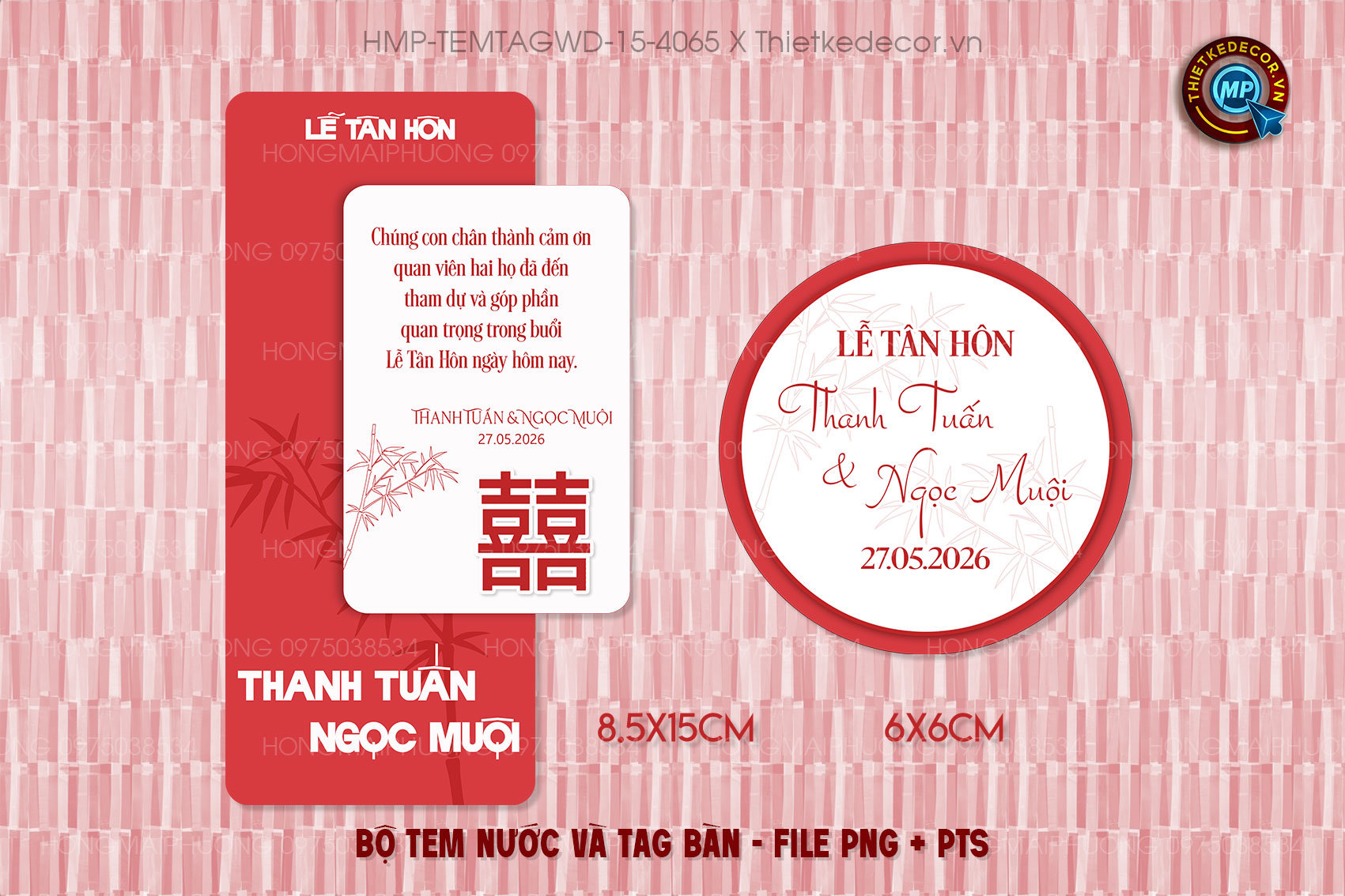 Bộ Tem nước tag bàn tone đỏ mix trắng lấy cảm hứng từ thân tre. trúc